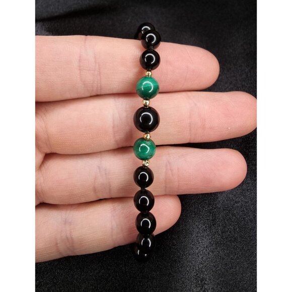Vintage 14K Gold Hong Kong Signed Onyx & Malachite Beaded Bracelet - Picture 6 of 6